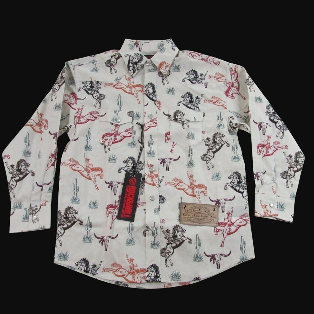 Rock & Roll Denim Boy's Long Sleeve Bronc Western Print Snap Shirt Natural M